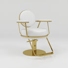White leather circle based hair styling chair with gold footrest 