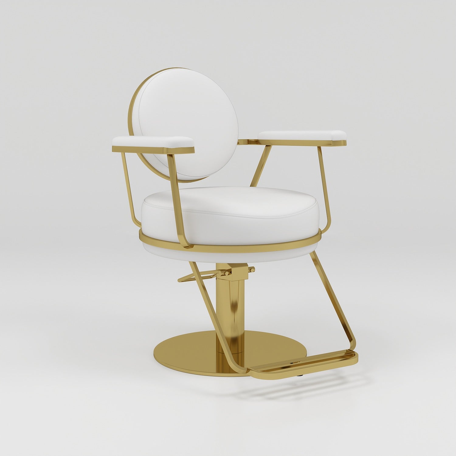 White leather circle based hair styling chair with gold footrest 