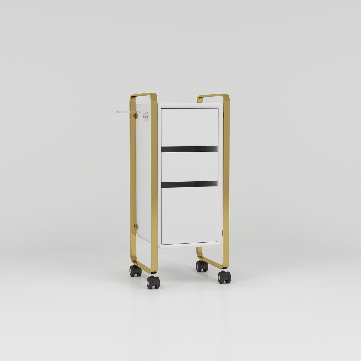 Hairdressing Trolley in White and Gold with Wheels and Hairdryer Holder