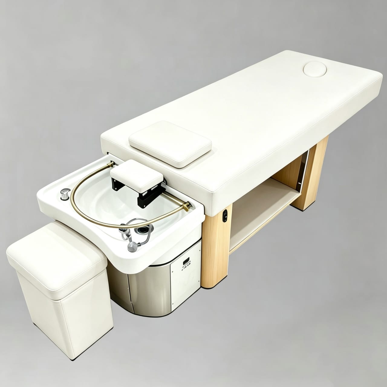 White massage table with sink and storage cabinet