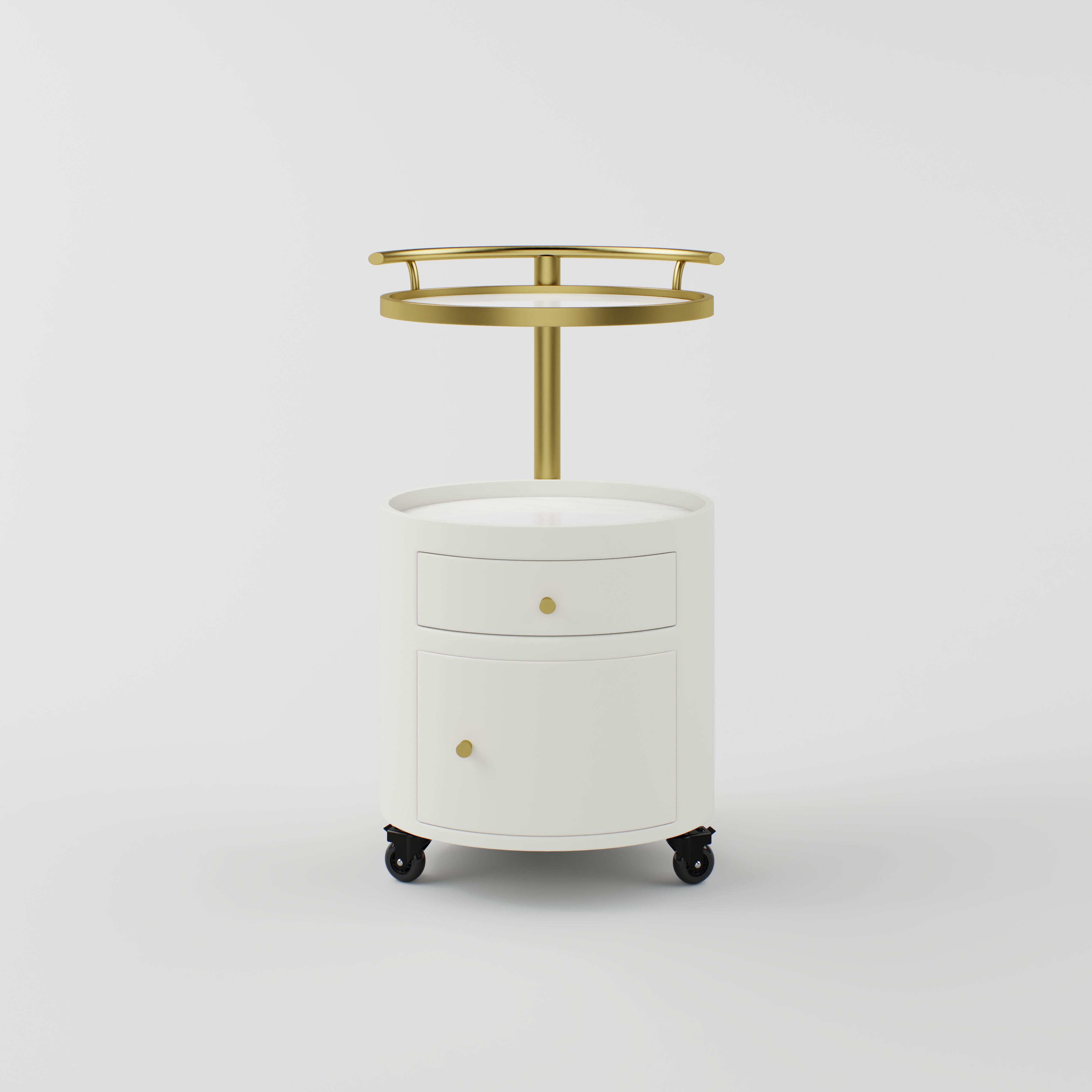 Maeva trolley featuring a gold stainless steel upper rail and modern oval shape.