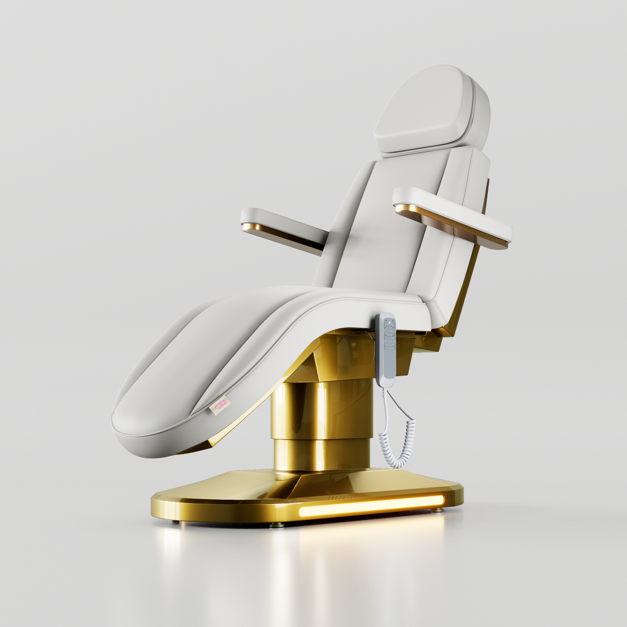 White curved electric beauty bed with adjustable backrest and luxury gold base
