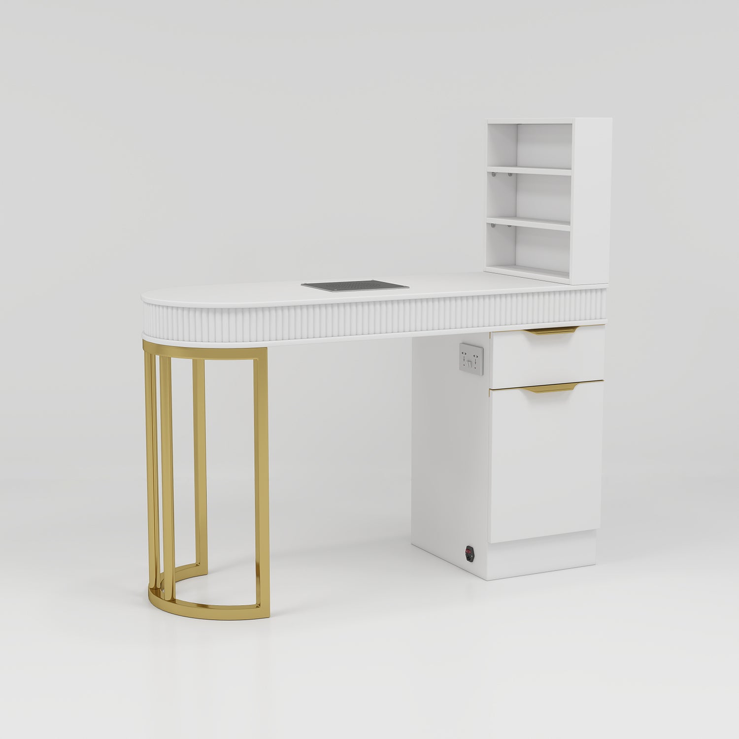 White Nail Table with Gold Legs and Storage