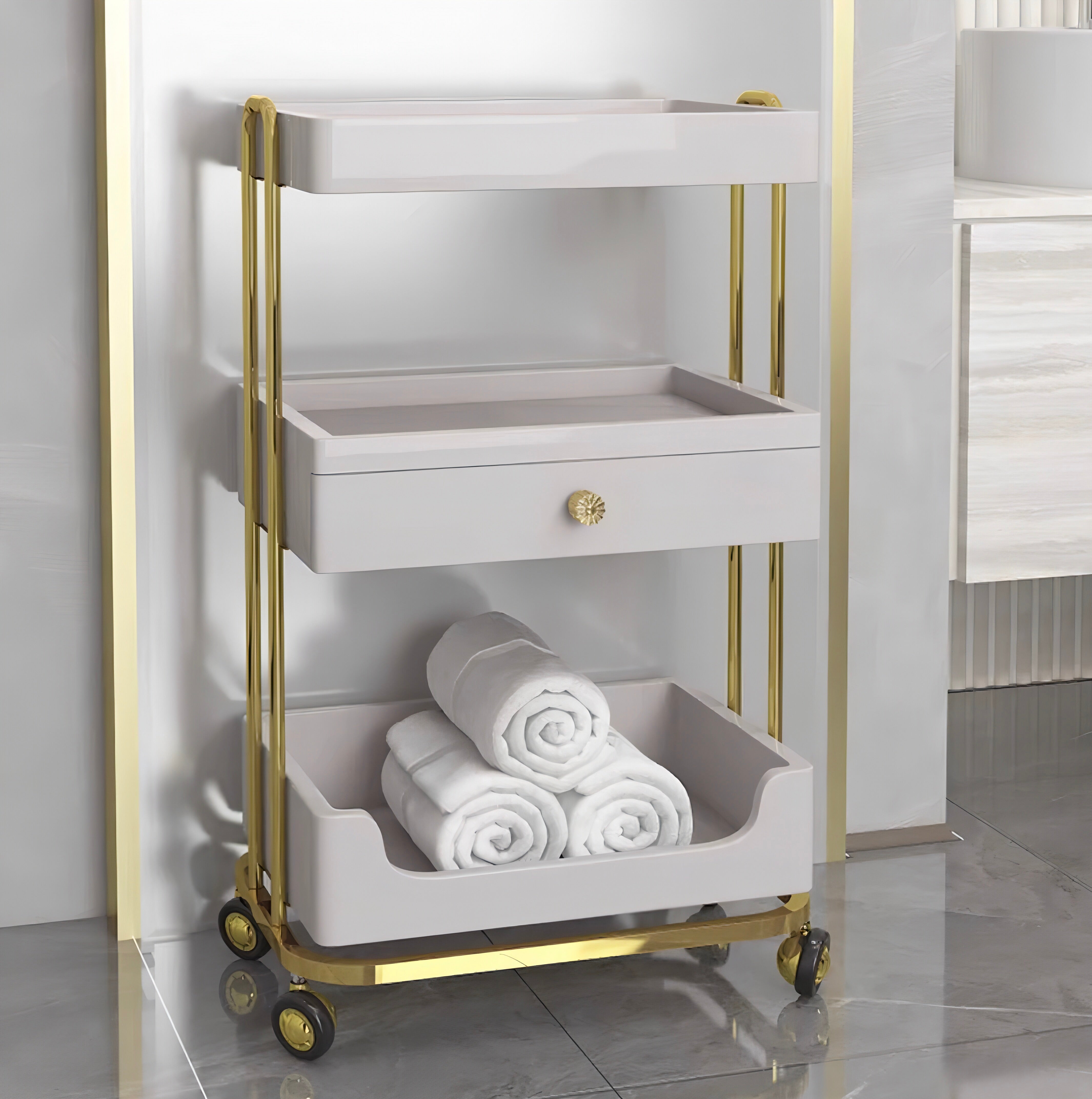 High quality salon trolley in white and gold