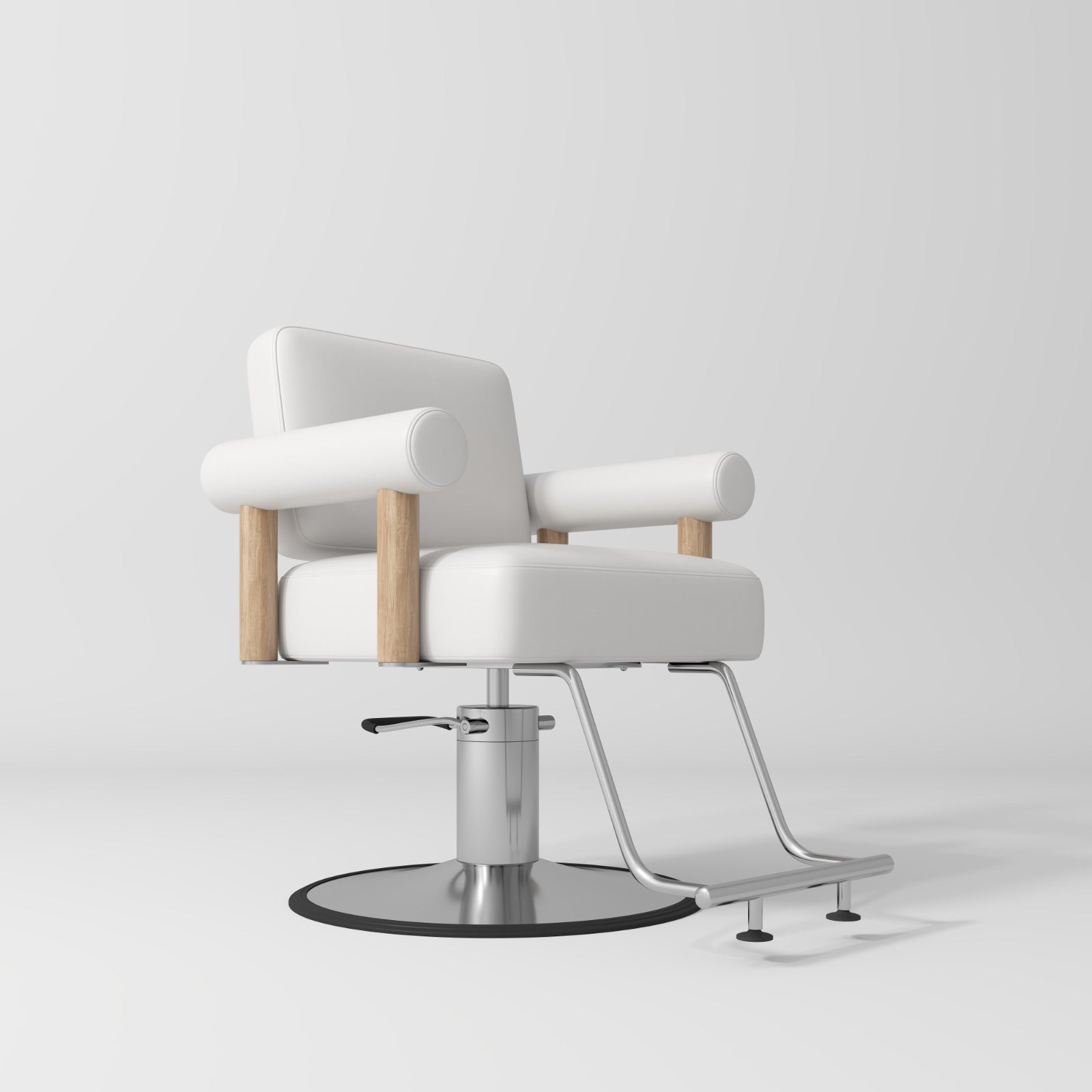 White, wood and silver hair styling chair with circle base