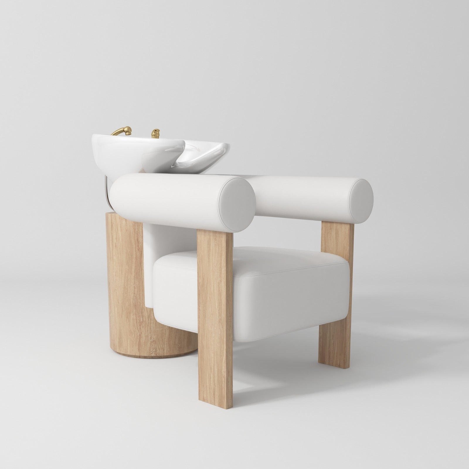 White sink back wash unit with white leather and wood legs 