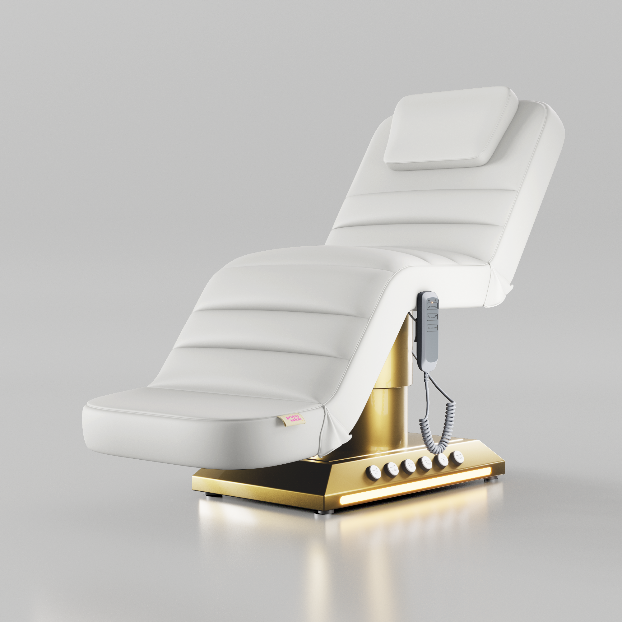 White electric beauty bed with adjustable positions, foot control and gold base