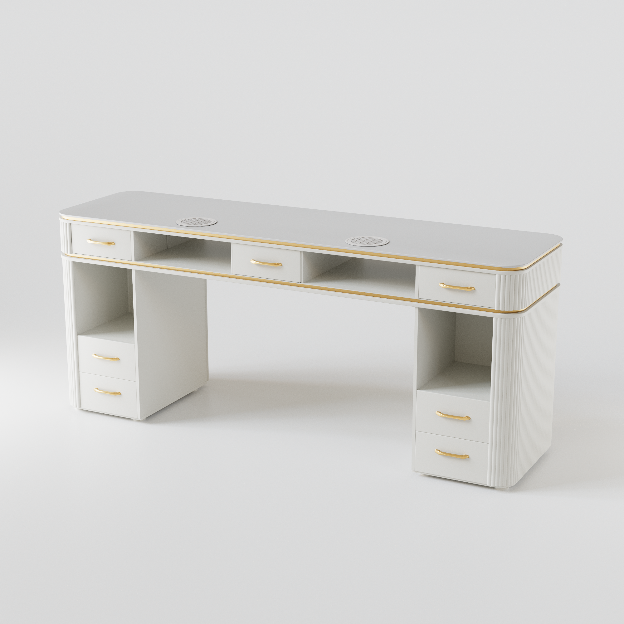 Double white luxury nail desk for two people.