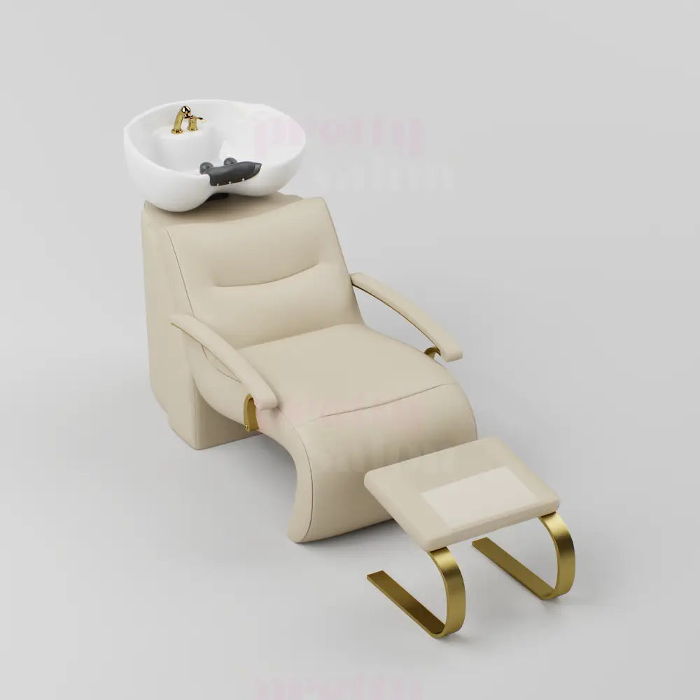 Nude and gold hairbasin with white sink and footrest