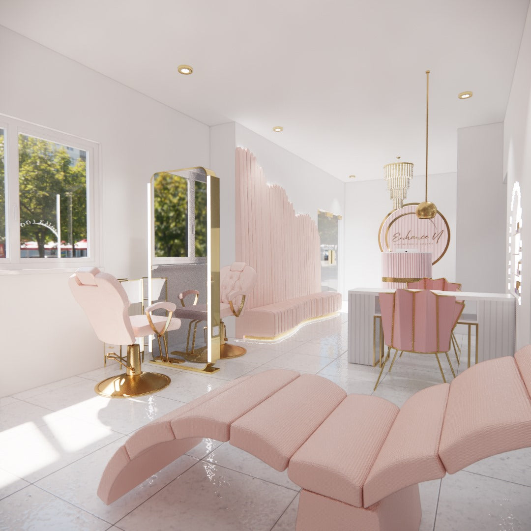 PrettySalon interior design render with blush pink furniture, gold details and a curved reception desk