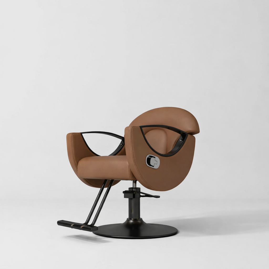 brown leather hair chair with black circle base for salons