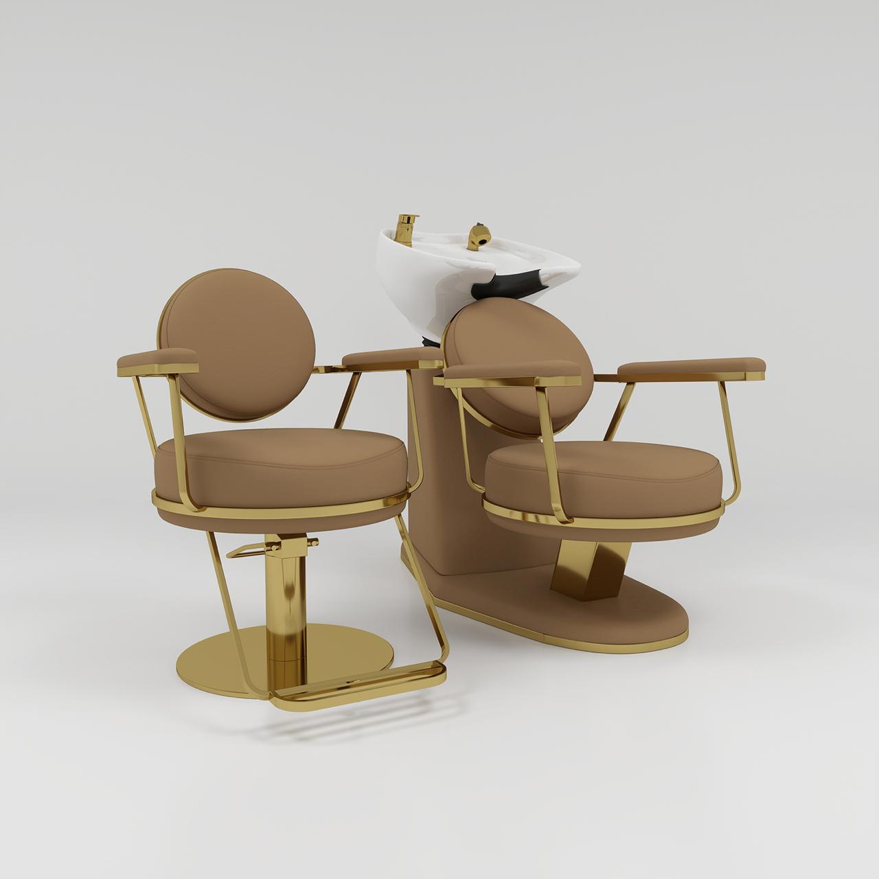 brown & gold circle back hair styling chair and backwash in leather and stainelss steel