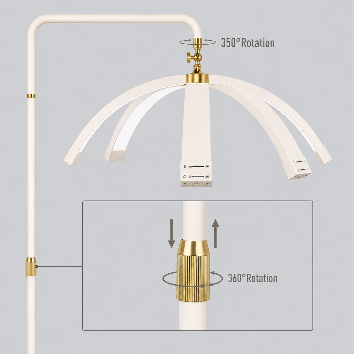 Decorative lamp with gold accents and 360-degree rotation 