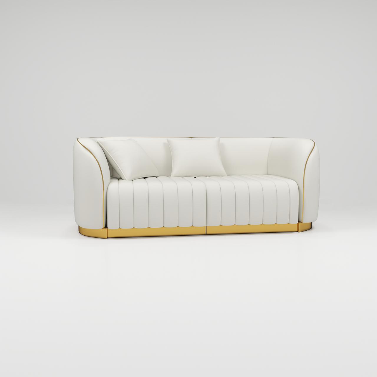 Cream leather salon sofa with gold trim