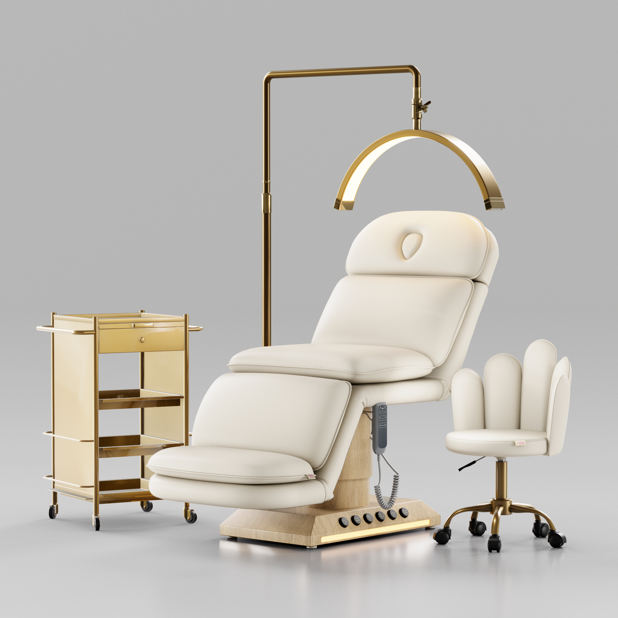 Beauty bed set with trolley light and stool in cream and oak wood