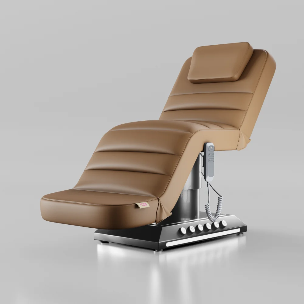Soft brown electric beauty bed with foot control, adjustable backrest and chrome black base