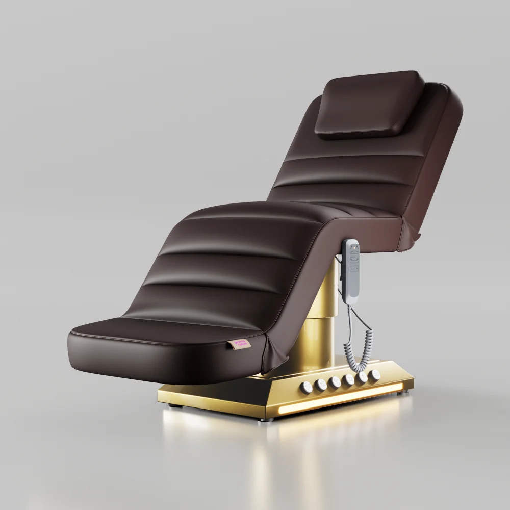 Mocha brown electric beauty bed with gold base and foot control for aesthetic clinics and beauty salons