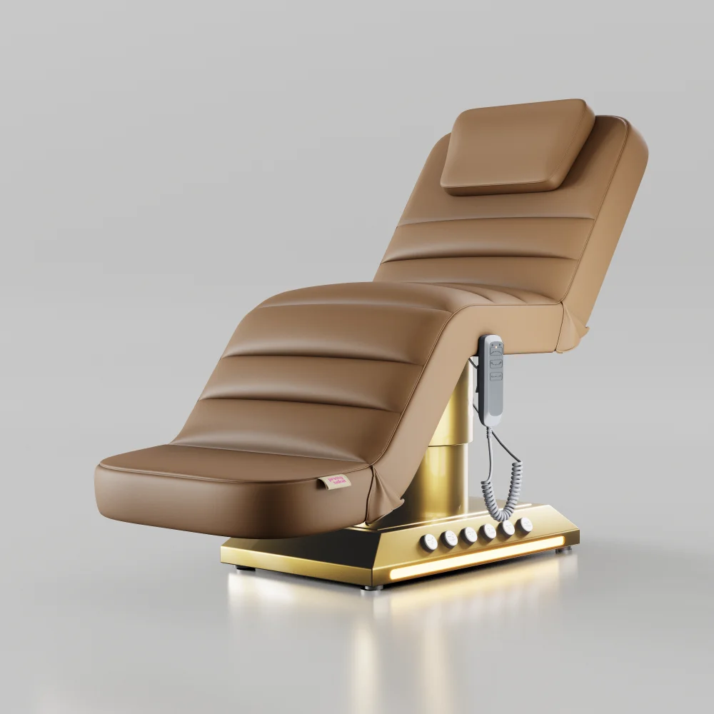 Soft brown electric beauty bed with foot control, adjustable backrest and gold base 
