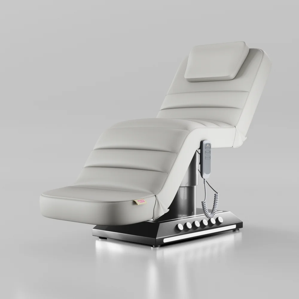 White electric beauty bed with adjustable positions, foot control and chrome black base
