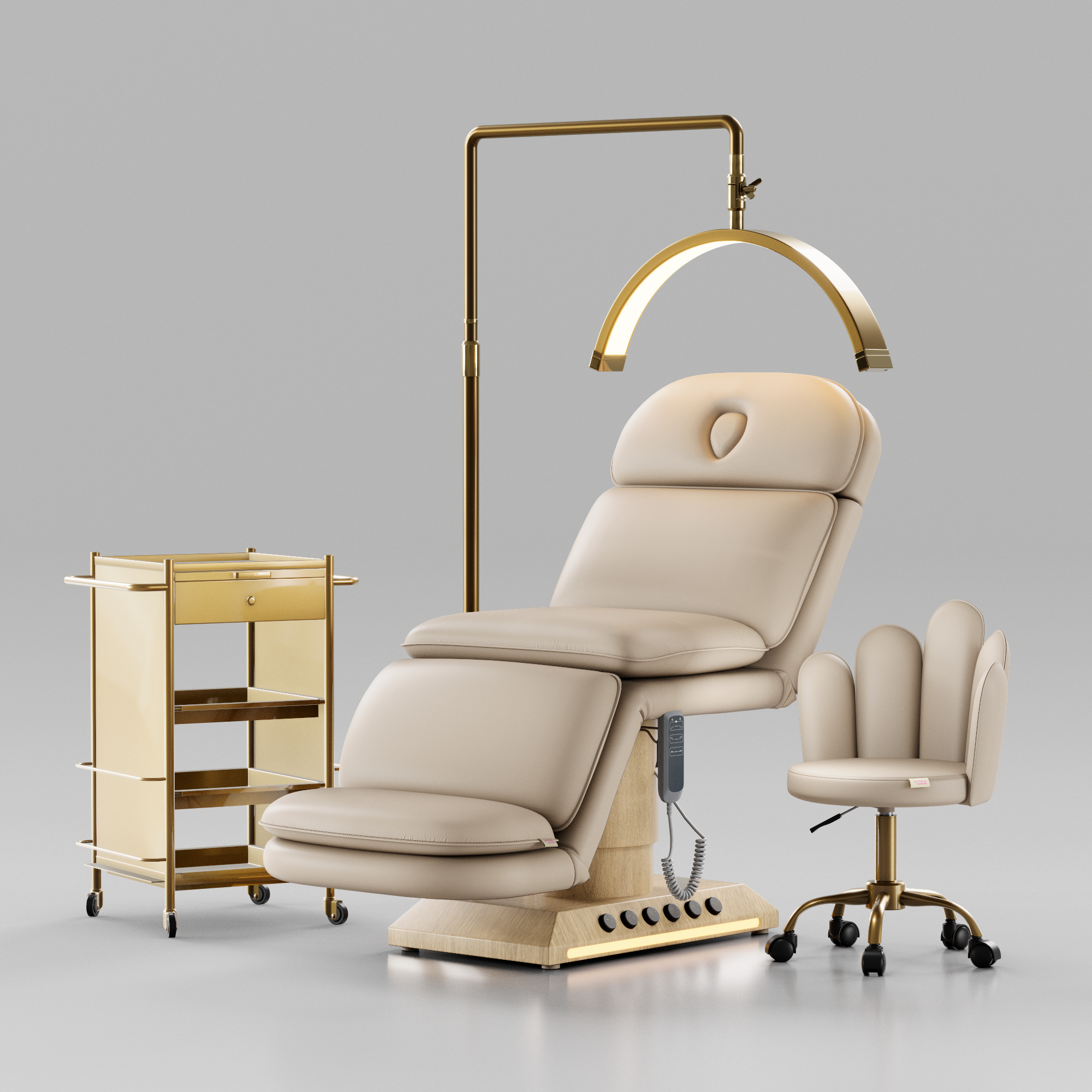 beauty bed set in nude with trolley, stool and light