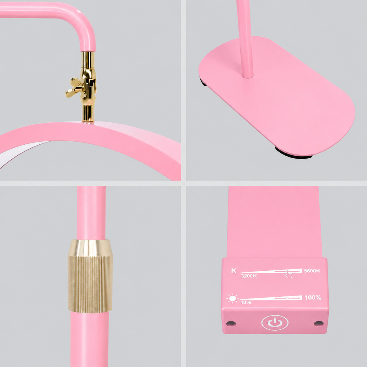 Detailed view of the premium pink finish, gold fittings, control panel and sturdy base