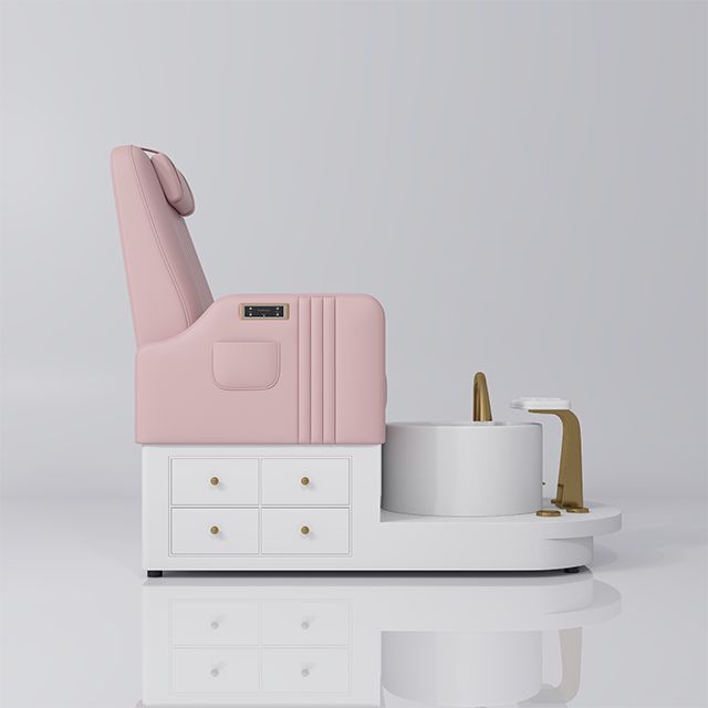 pink pedicure station with gold and draws