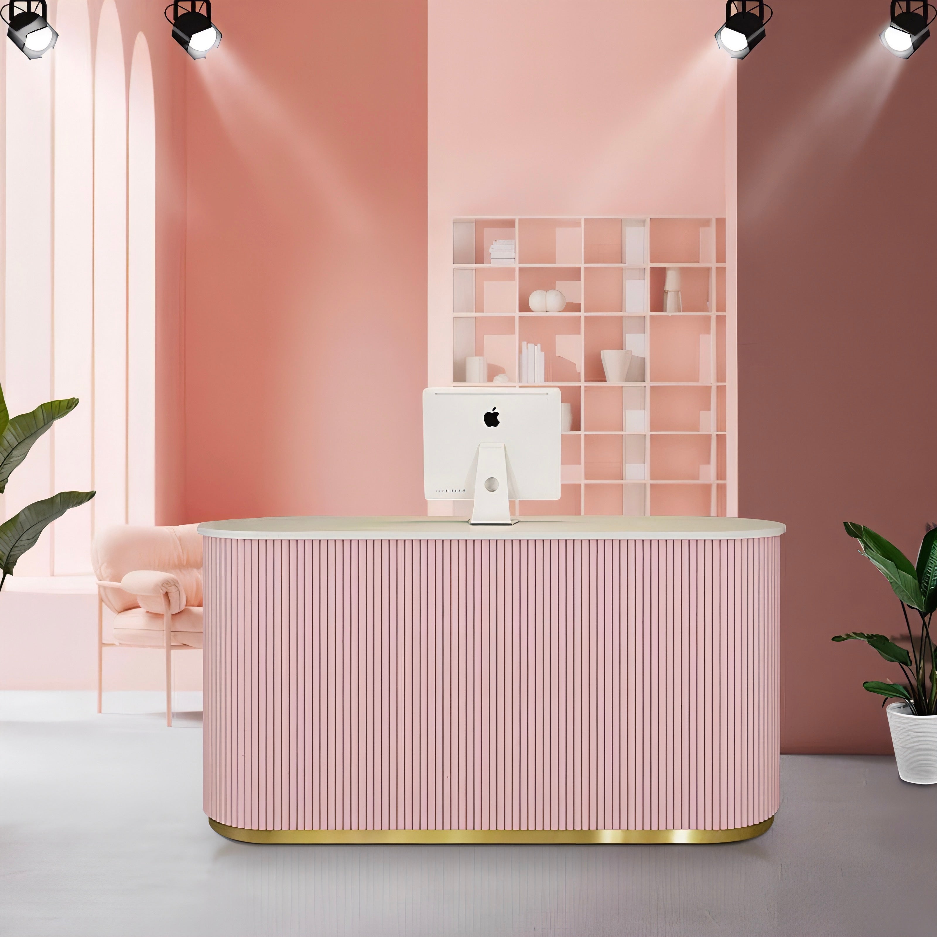pink panelled reception desk 