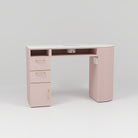 pink nail desk with white top and draws including extractor fan