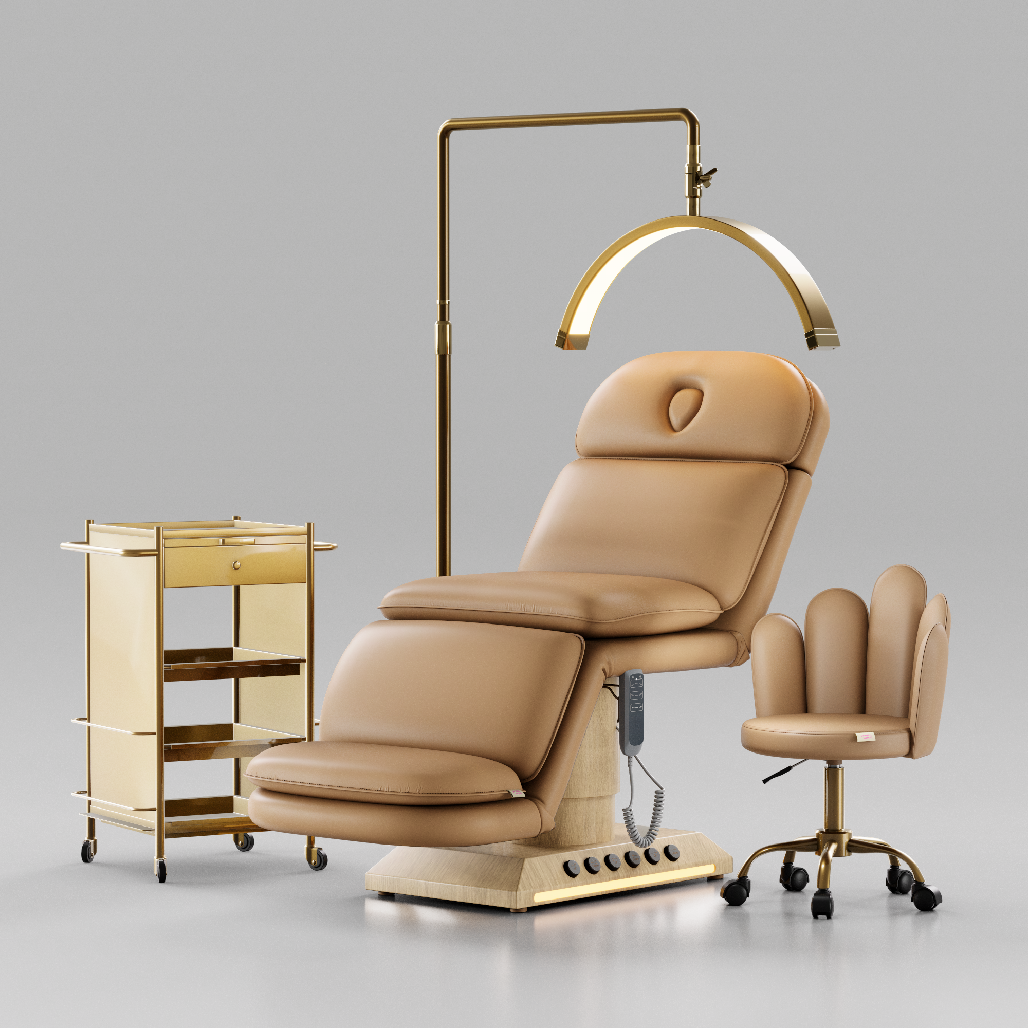 Oak salon furniture with stool, moonlight, trolley and beauty bed with electric foot pedals. 
