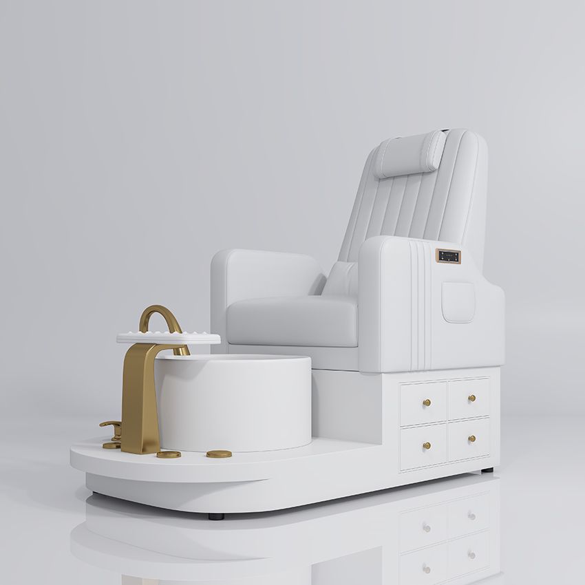 white pedicure station with gold and draws