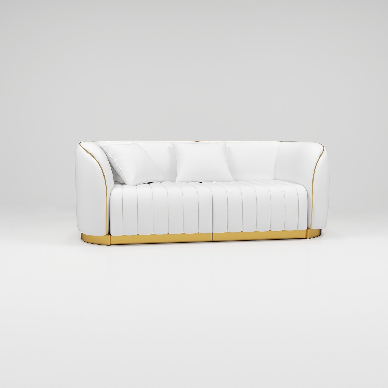 white leather salon sofa with gold trim
