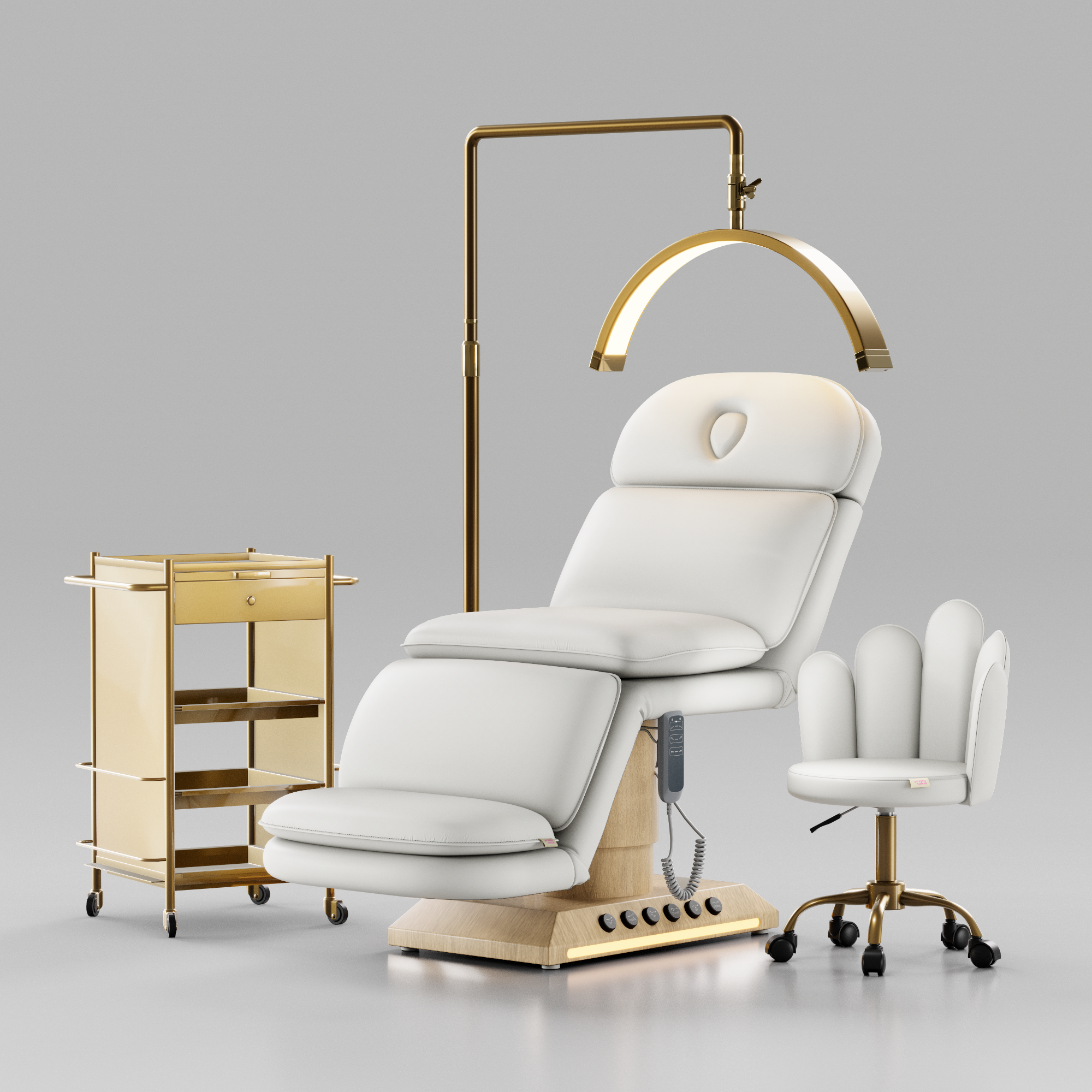 White and oak wood beauty bed for beauty salons and aesthetic clinics. 