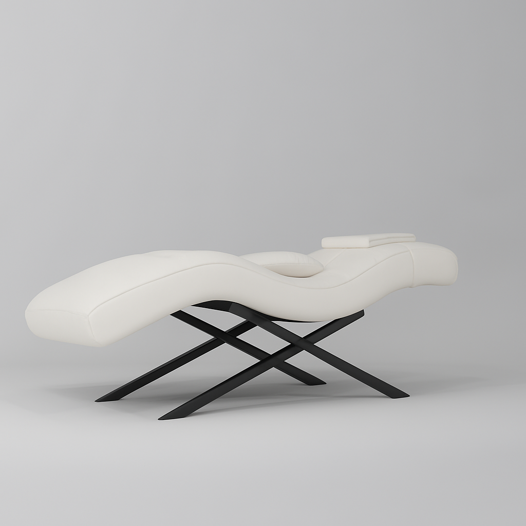 luxury white leather salon bed with stainless steel black legs