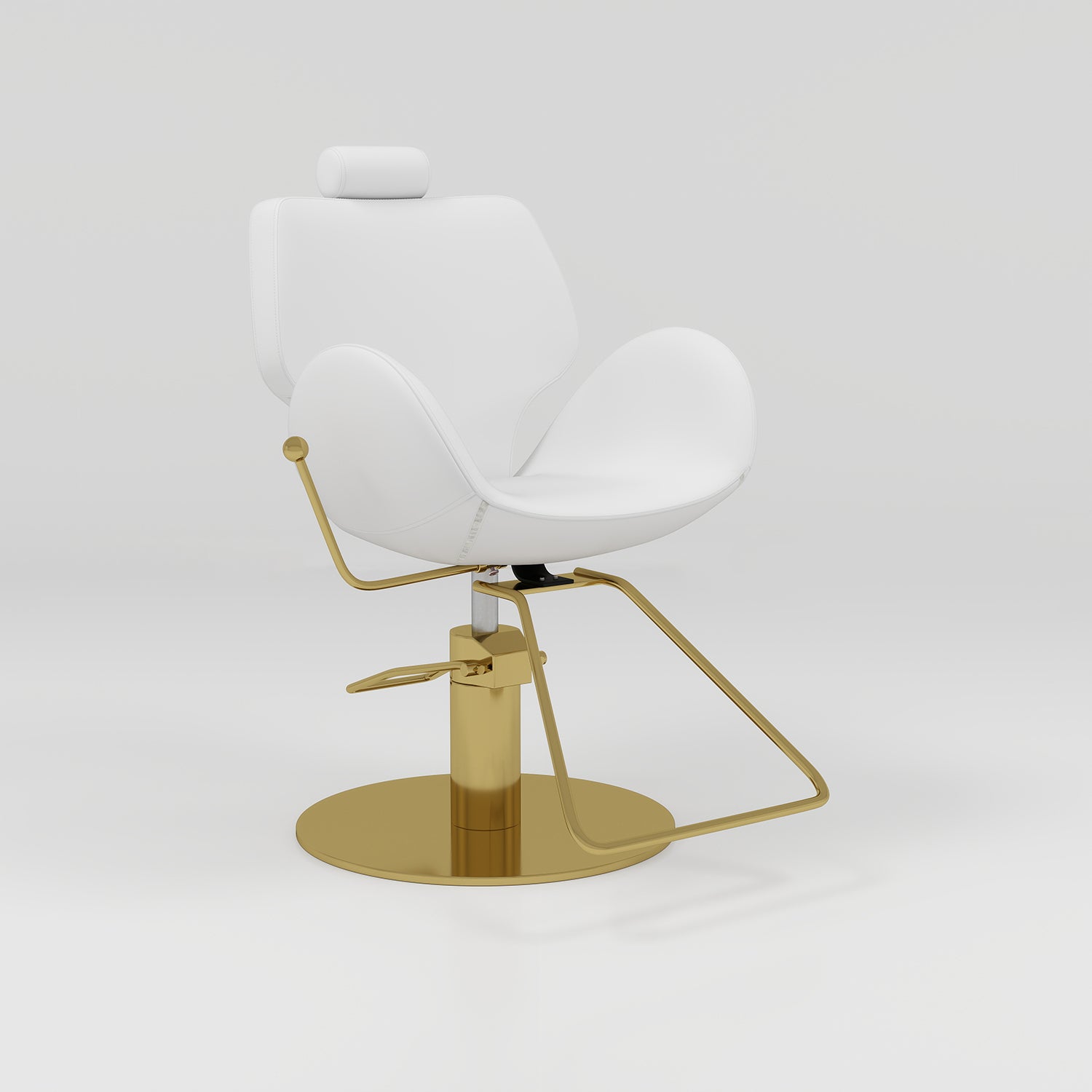 white sculpted hair chair with gold stainless steel circle base