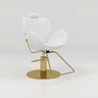 white sculpted hair chair with gold stainless steel circle base