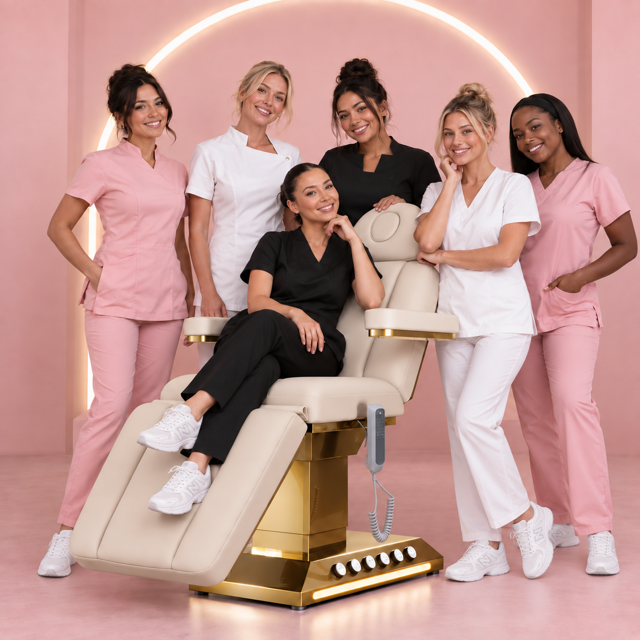 Pretty Salon campaign with a cream and gold beauty bed in a pink studio