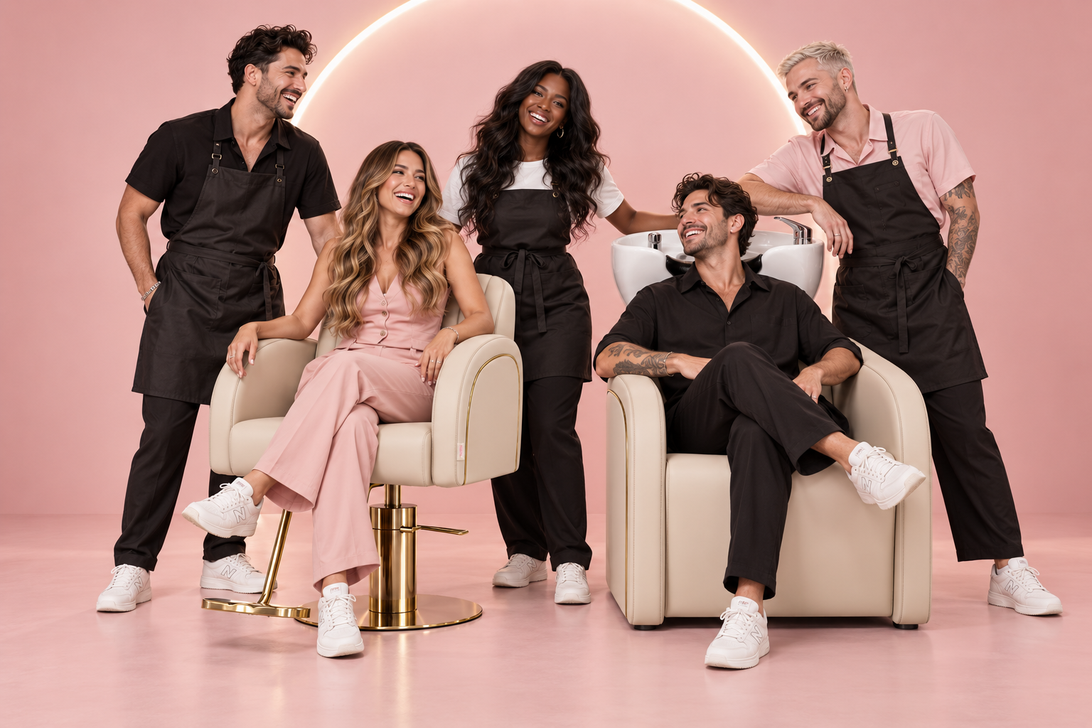 Hair salon campaign showing cream and gold styling and backwash chairs in a pink studio