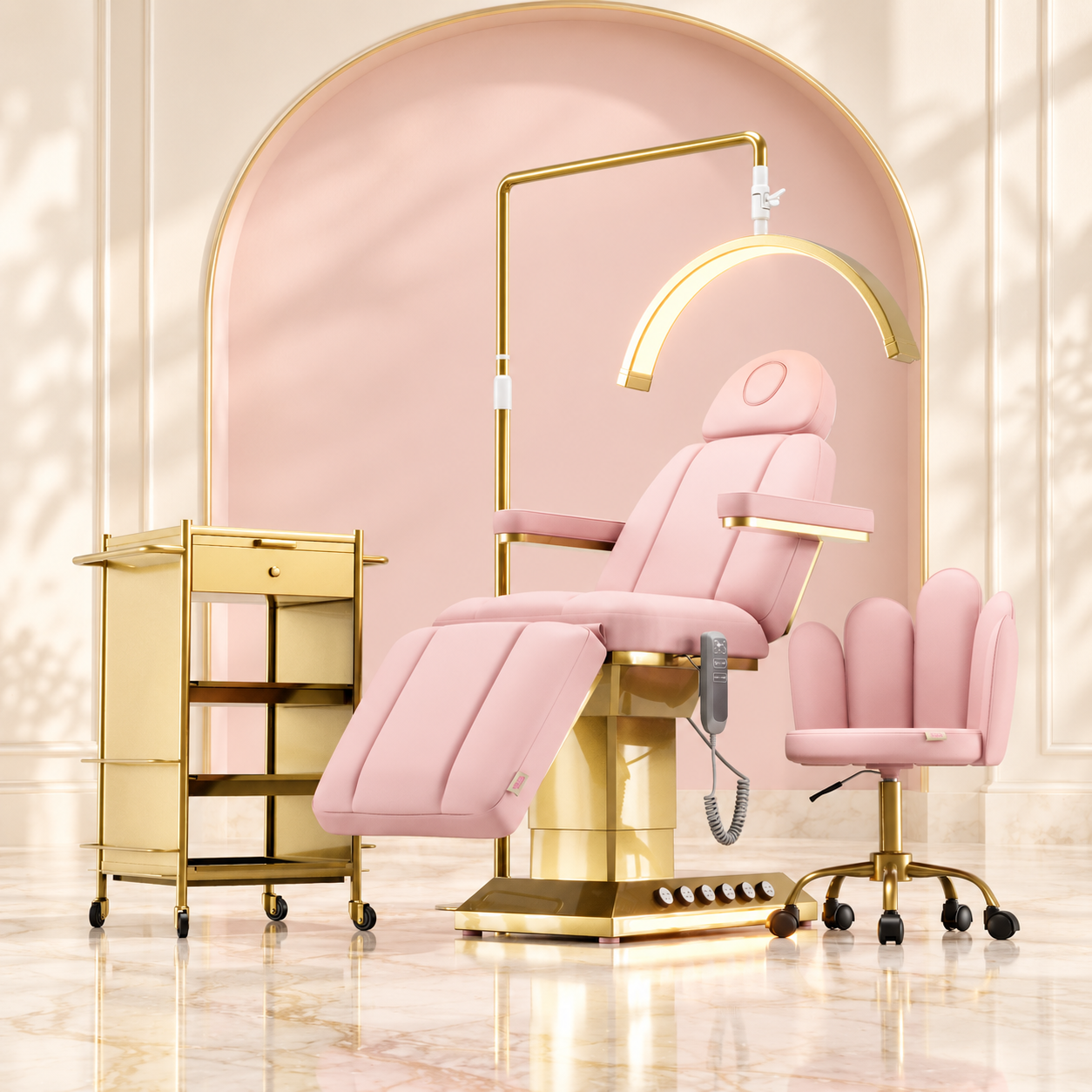 Pink and gold PrettySalon furniture in a blush arch setting